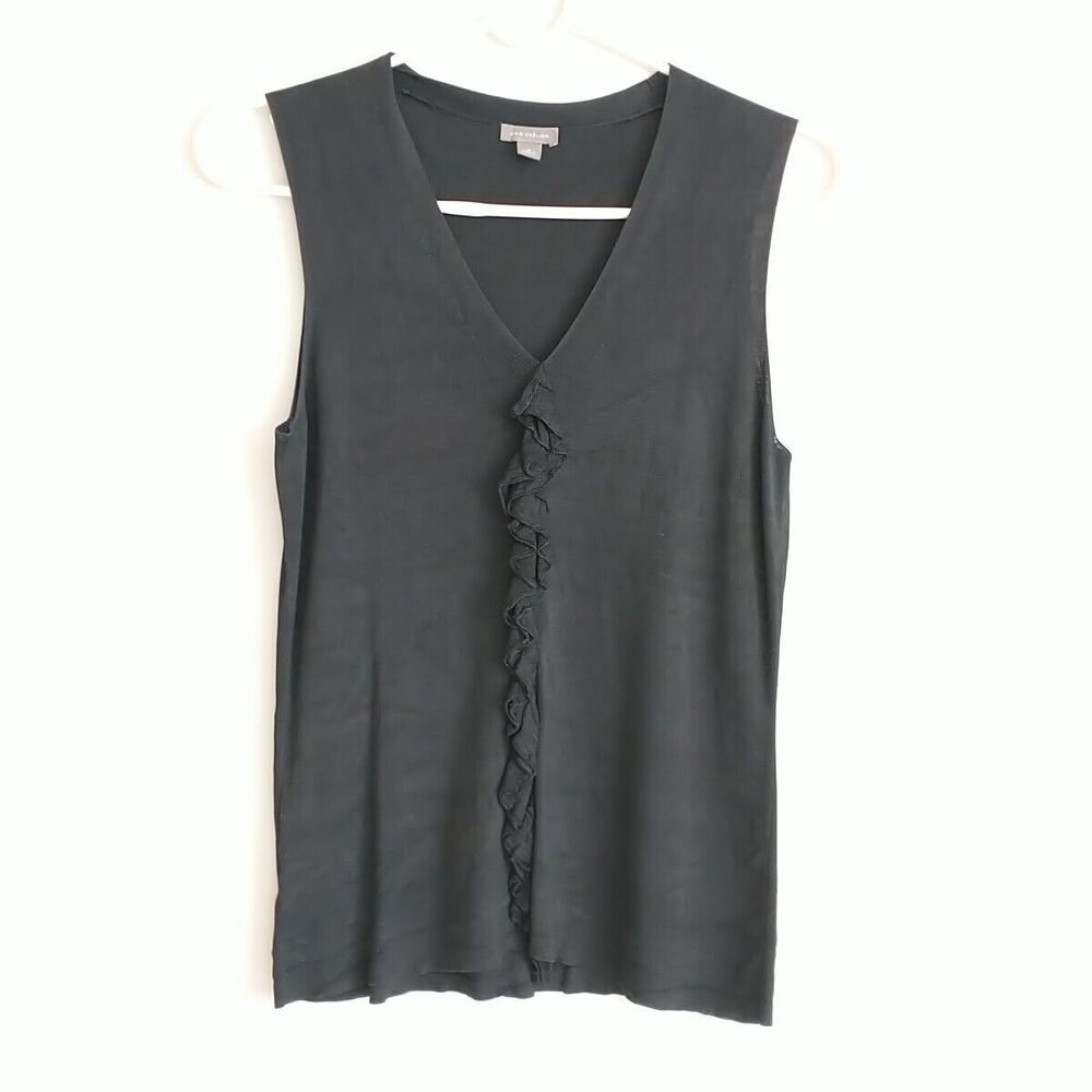 Ann Taylor Top Blouse M Black 100% Silk Ruffle Knit Sleeveless Stretch Office